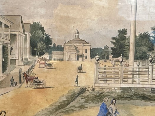 close up of the first courthouse in Montrose from the painting Public Avenue found in the Susquehanna County Historical Society