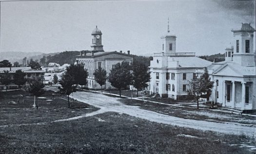 The Montrose Green including a view of the second courthouse, the Montrose Academy, the first courthouse, and the Unitarian Universalist Church